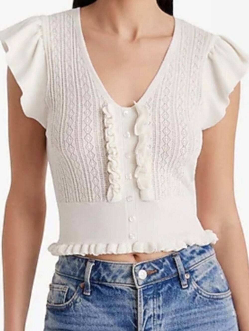 Express White Ruffled Women's Knit Top Sz XL